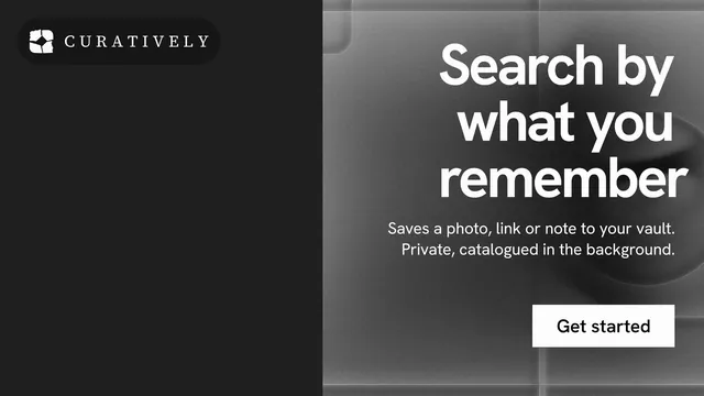 Landscape graphic for Curatively: "Search by what you remember". Swiss style, right layout, dark palette in black, grey.