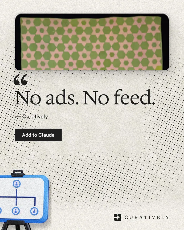 Instagram portrait post for Curatively: "No ads. No feed." Ink sticker style, quote layout, light palette in white, grey, yellow.