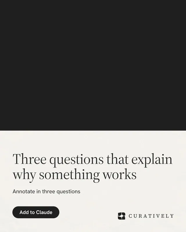 Instagram portrait post for Curatively: "Three questions that explain why something works". Data card style, bottom layout, light palette in black, white, grey.
