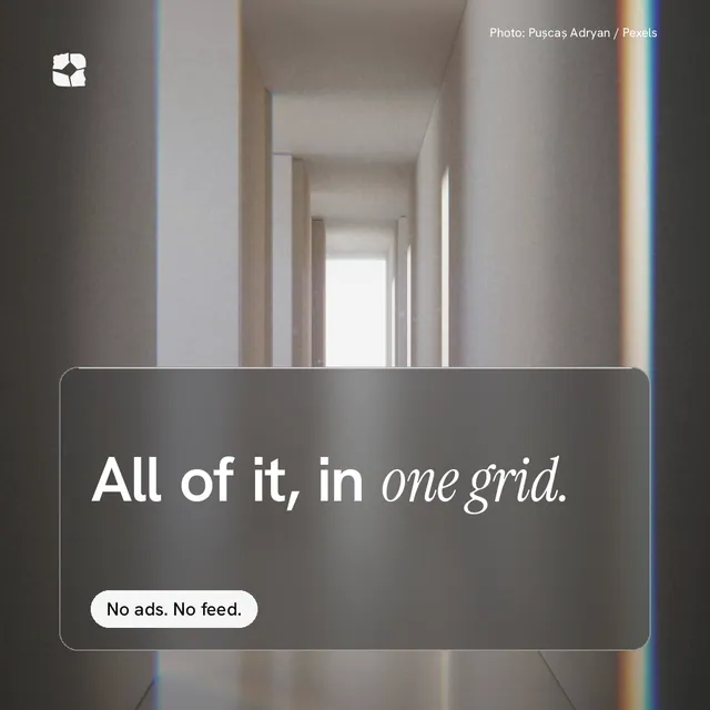 Instagram post for Curatively: "All of it, in one grid." Glass style, technique:pexels ingredient layout, light palette in grey, black.