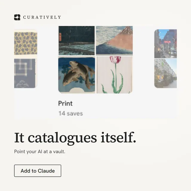 Video for Curatively: "It catalogues itself.". Doc motion loop, 6.0 s, light palette.