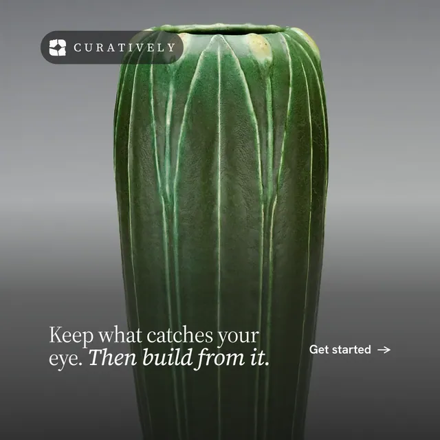 Instagram post for Curatively: "Keep what catches your eye. Then build from it." Editorial style, image led layout, dark palette in grey, black.