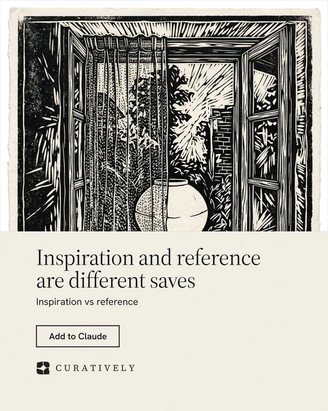 Instagram portrait post for Curatively: "Inspiration and reference are different saves". Editorial style, bottom layout, light palette in yellow, black, grey.