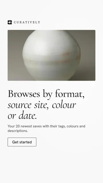 Video for Curatively: "Browses by format, source site, colour or date.". Doc motion loop, 6.0 s, light palette.