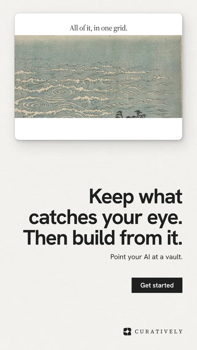 Instagram story for Curatively: "Keep what catches your eye. Then build from it." Swiss style, right layout, light palette in white, grey.