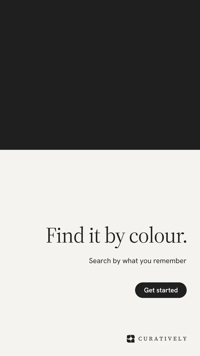 Instagram story for Curatively: "Find it by colour." Data card style, right layout, light palette in white, black.
