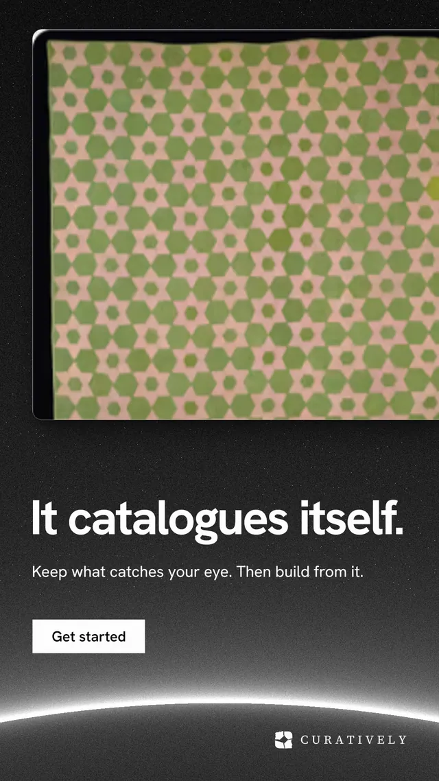 Instagram story for Curatively: "It catalogues itself." Swiss style, bottom layout, dark palette in black, grey, yellow.