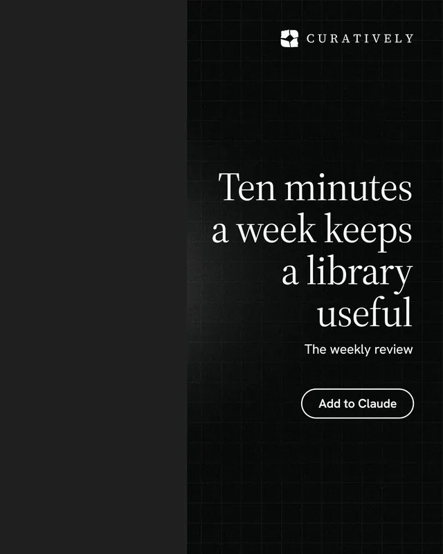 Instagram portrait post for Curatively: "Ten minutes a week keeps a library useful". Phosphor atlas style, right layout, dark palette in black.
