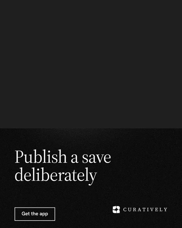 Instagram portrait post for Curatively: "Publish a save deliberately". Dark deco style, bottom layout, dark palette in black.