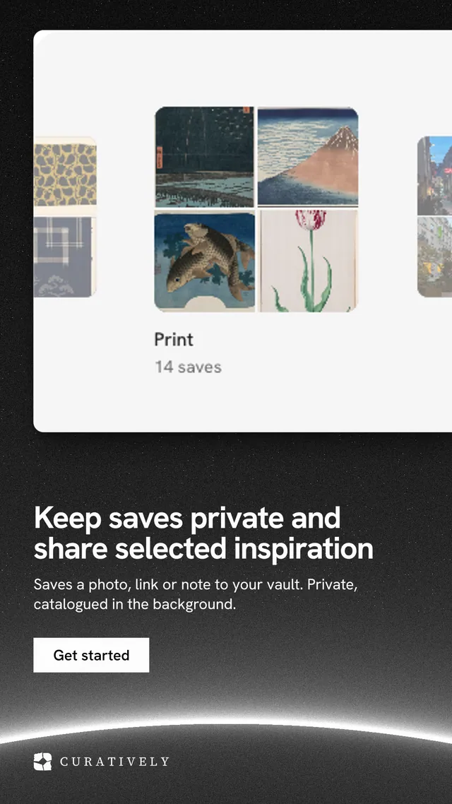 Instagram story for Curatively: "Keep saves private and share selected inspiration". Swiss style, bottom layout, light palette in white, black, grey.