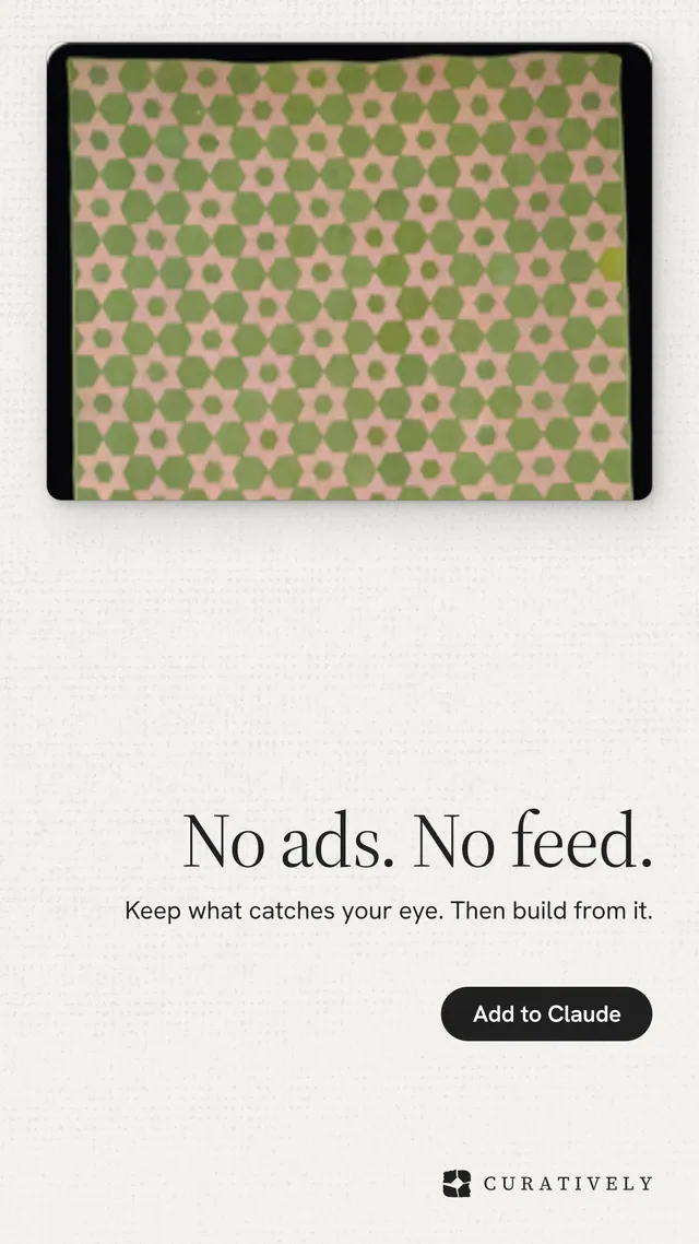 Instagram story for Curatively: "No ads. No feed." Data card style, right layout, light palette in white, yellow, orange.