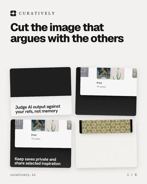 Carousel for Curatively: "Cut the image that argues with the others". Collection carousel, 8 slides, light palette.