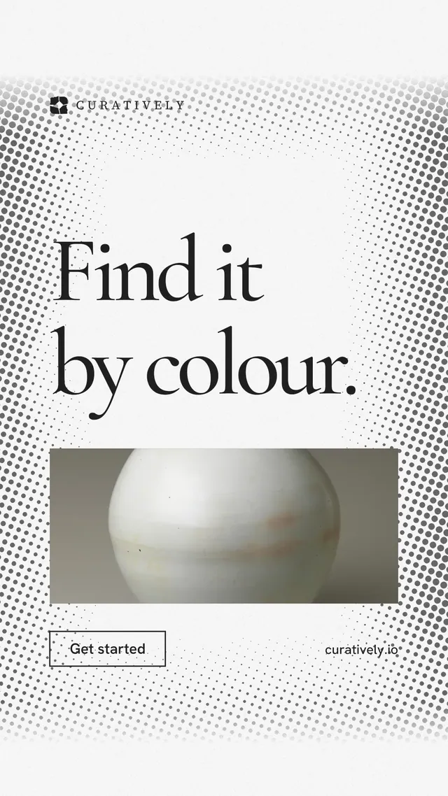 Instagram story for Curatively: "Find it by colour." Editorial style, poster layout, light palette in white, grey.