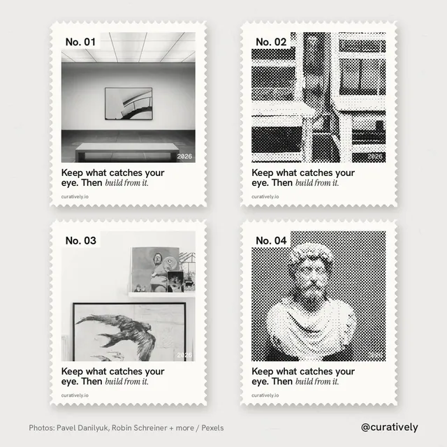 Instagram post for Curatively: "Keep what catches your eye. Then build from it." Sheet style, technique:stamp series layout, light palette in white, grey.