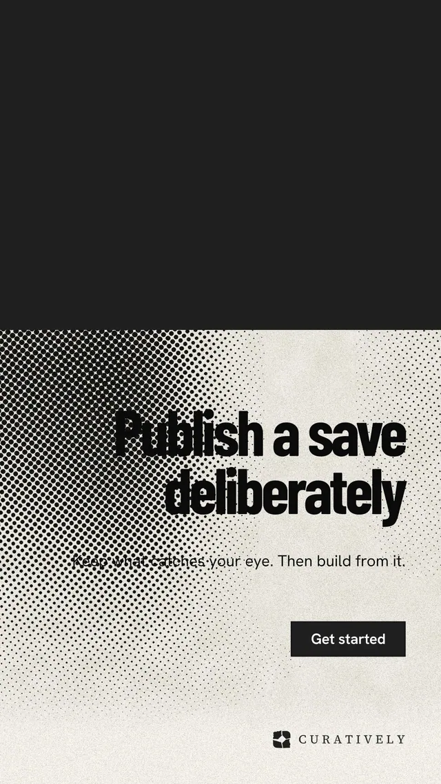 Instagram story for Curatively: "Publish a save deliberately". Ink sticker style, right layout, light palette in black, yellow, grey.