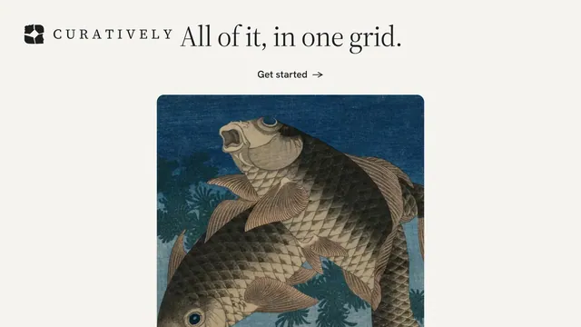 Landscape graphic for Curatively: "All of it, in one grid." Editorial style, ogui layout, light palette in white, grey.