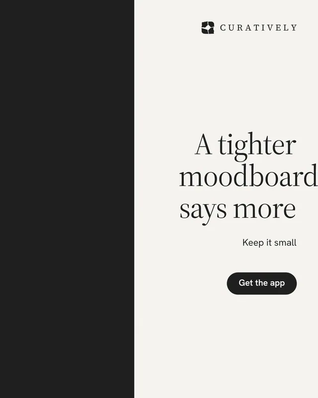 Instagram portrait post for Curatively: "A tighter moodboard says more". Data card style, right layout, light palette in white, black.