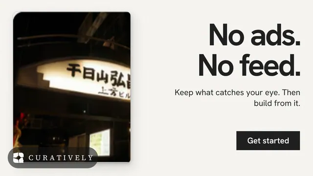 Landscape graphic for Curatively: "No ads. No feed." Swiss style, right layout, light palette in white, black, grey.