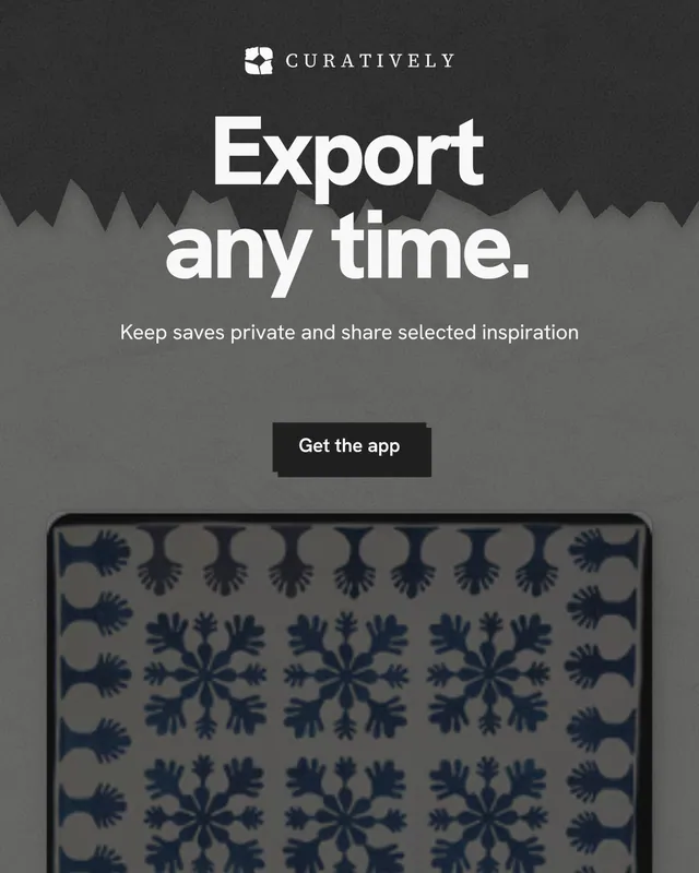 Instagram portrait post for Curatively: "Export any time." Paper trio style, centred layout, dark palette in grey, black.