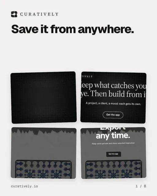 Carousel for Curatively: "Save it from anywhere.". Collection carousel, 8 slides, light palette.