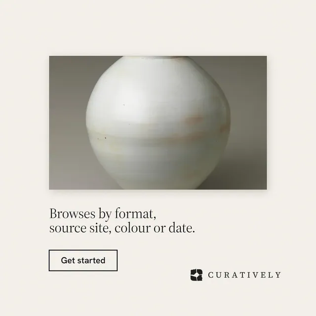 Instagram post for Curatively: "Browses by format, source site, colour or date." Editorial style, bottom layout, light palette in white, grey.