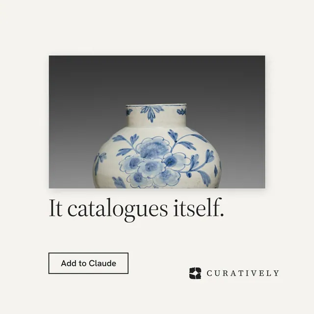 Instagram post for Curatively: "It catalogues itself." Editorial style, bottom layout, light palette in white, grey.