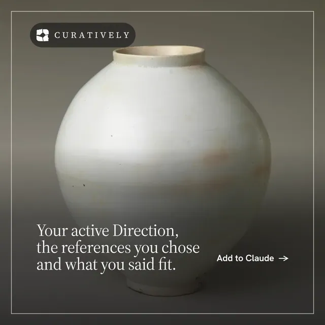 Instagram post for Curatively: "Your active Direction, the references you chose and what you said fit." Editorial style, image led layout, dark palette in grey, black, white.