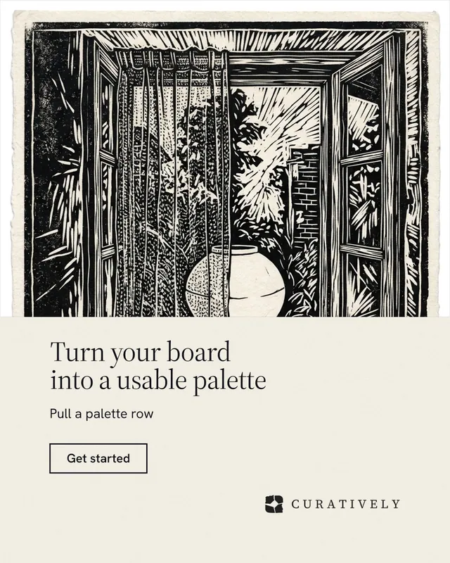 Instagram portrait post for Curatively: "Turn your board into a usable palette". Editorial style, bottom layout, light palette in yellow, black, grey.
