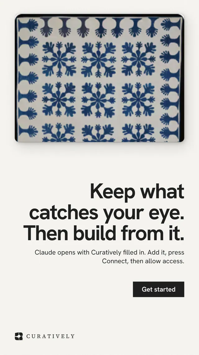 Instagram story for Curatively: "Keep what catches your eye. Then build from it." Swiss style, right layout, light palette in white, grey.