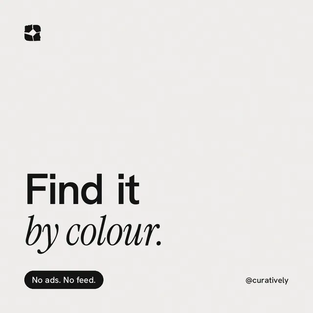 Instagram post for Curatively: "Find it by colour." Caption style, technique:mixed type lockup layout, light palette in white, grey.