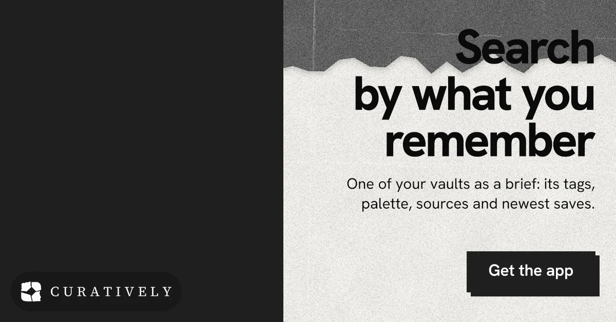 Social ad for Curatively: "Search by what you remember". Paper trio style, right layout, light palette in black, white, grey.