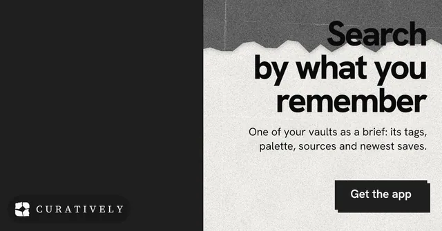 Social ad for Curatively: "Search by what you remember". Paper trio style, right layout, light palette in black, white, grey.