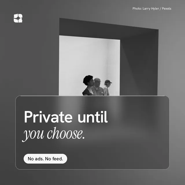 Instagram post for Curatively: "Private until you choose." Glass style, technique:pexels ingredient layout, dark palette in grey, black.