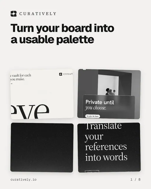 Carousel for Curatively: "Turn your board into a usable palette". Collection carousel, 8 slides, light palette.