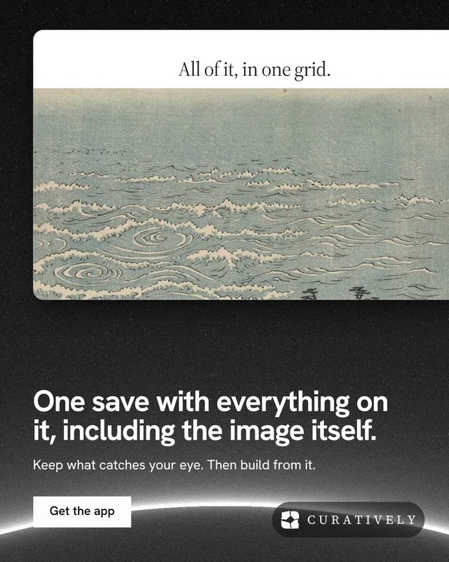 Instagram portrait post for Curatively: "One save with everything on it, including the image itself." Swiss style, bottom layout, light palette in black, grey, white.