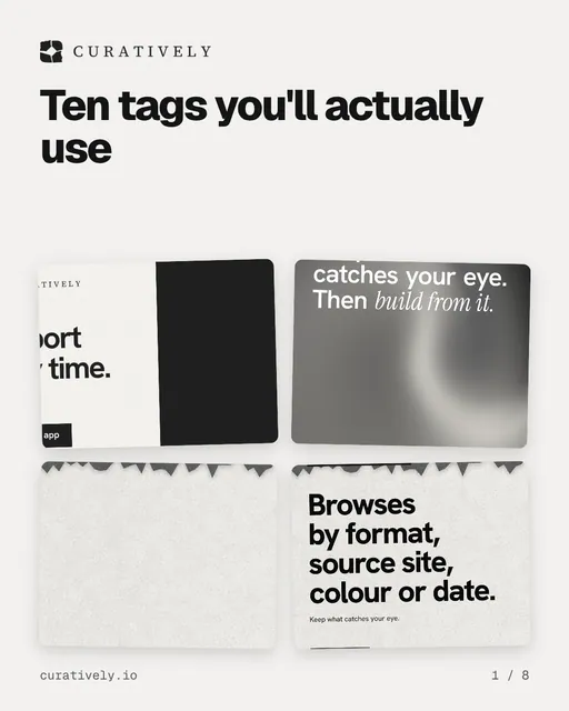Carousel for Curatively: "Ten tags you'll actually use". Collection carousel, 8 slides, light palette.