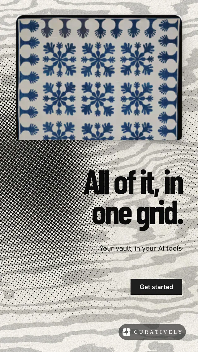 Instagram story for Curatively: "All of it, in one grid." Ink sticker style, right layout, light palette in grey, white.