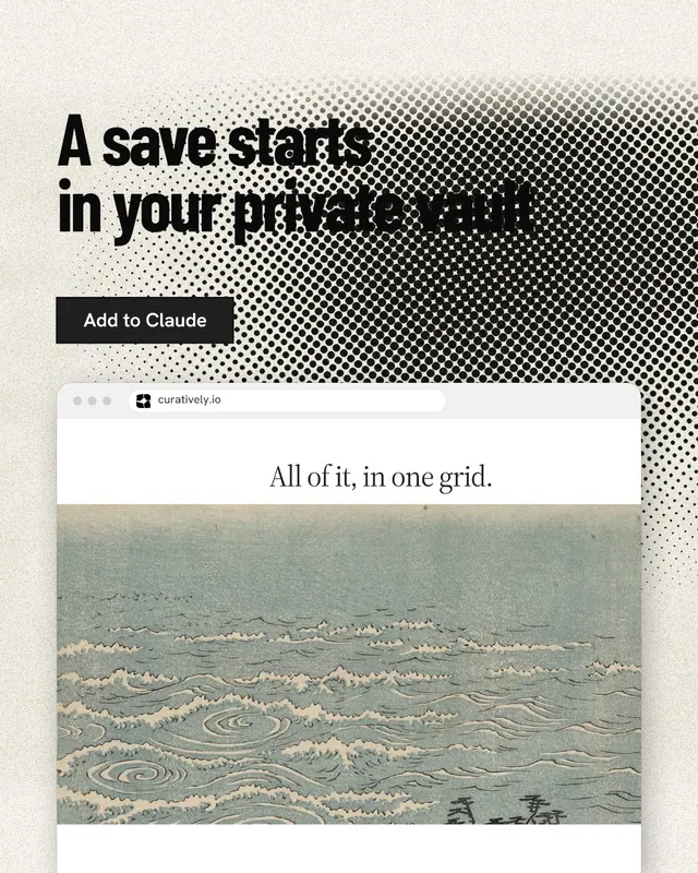 Instagram portrait post for Curatively: "A save starts in your private vault". Ink sticker style, browser layout, light palette in grey, white.