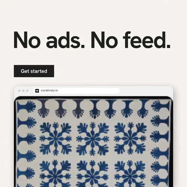 Instagram post for Curatively: "No ads. No feed." Swiss style, browser layout, light palette in white, grey.