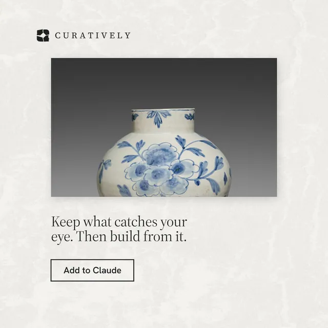 Instagram post for Curatively: "Keep what catches your eye. Then build from it." Editorial style, bottom layout, light palette in white, grey.