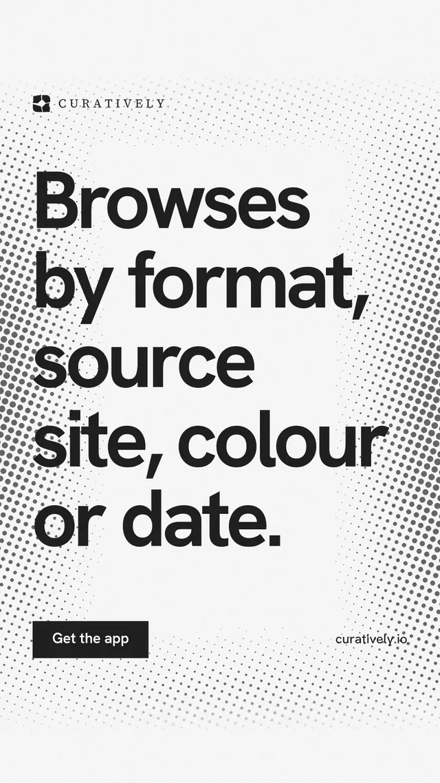Instagram story for Curatively: "Browses by format, source site, colour or date." Swiss style, poster layout, light palette in white, grey.