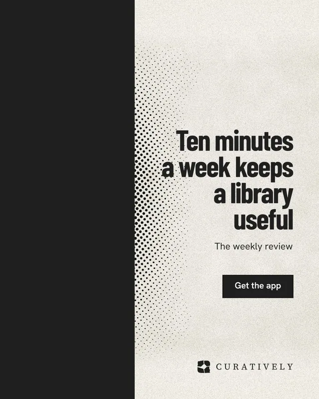 Instagram portrait post for Curatively: "Ten minutes a week keeps a library useful". Ink sticker style, right layout, light palette in black, yellow, white.