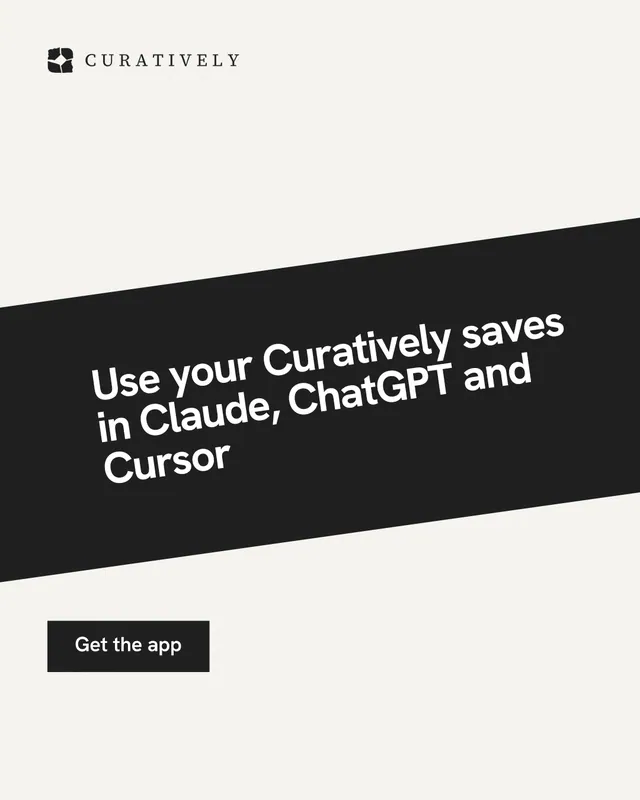 Instagram portrait post for Curatively: "Use your Curatively saves in Claude, ChatGPT and Cursor". Swiss style, diagonal layout, light palette in white, black, grey.