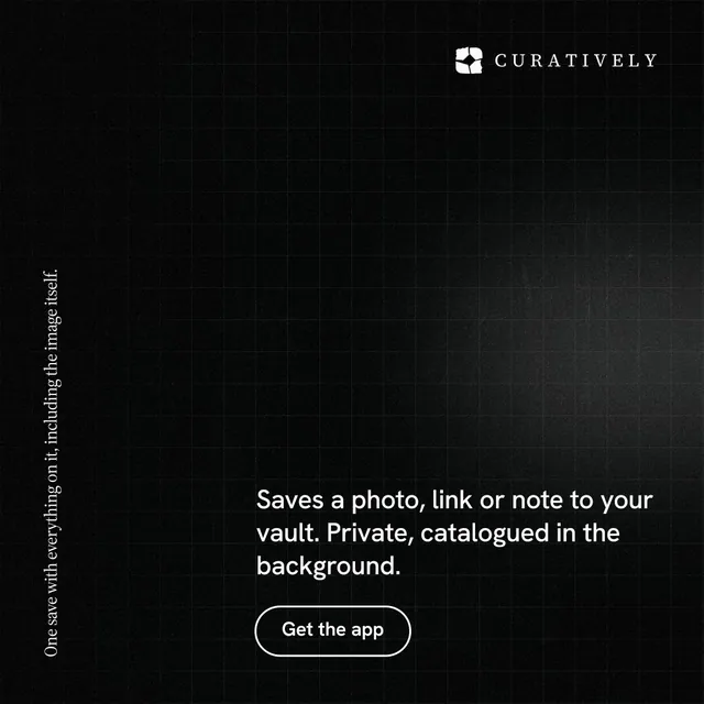 Instagram post for Curatively: "One save with everything on it, including the image itself." Phosphor atlas style, vertical layout, dark palette in black.