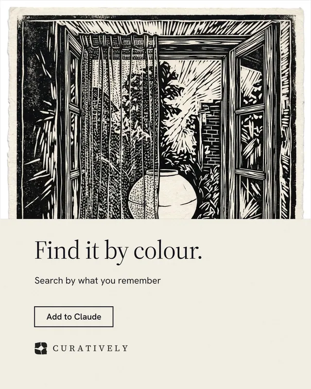 Instagram portrait post for Curatively: "Find it by colour." Editorial style, bottom layout, light palette in yellow, black, grey.