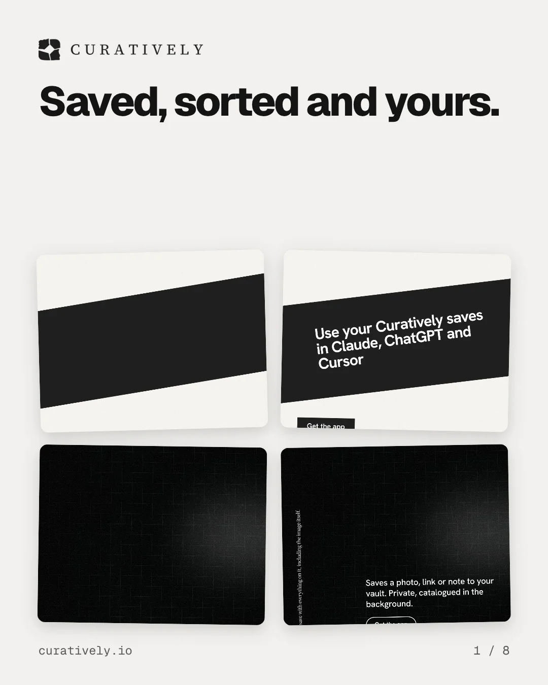 Carousel for Curatively: "Saved, sorted and yours.". Collection carousel, 8 slides, light palette.