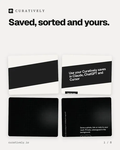 Carousel for Curatively: "Saved, sorted and yours.". Collection carousel, 8 slides, light palette.