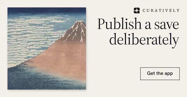 Social ad for Curatively: "Publish a save deliberately". Editorial style, right layout, light palette in grey, white.