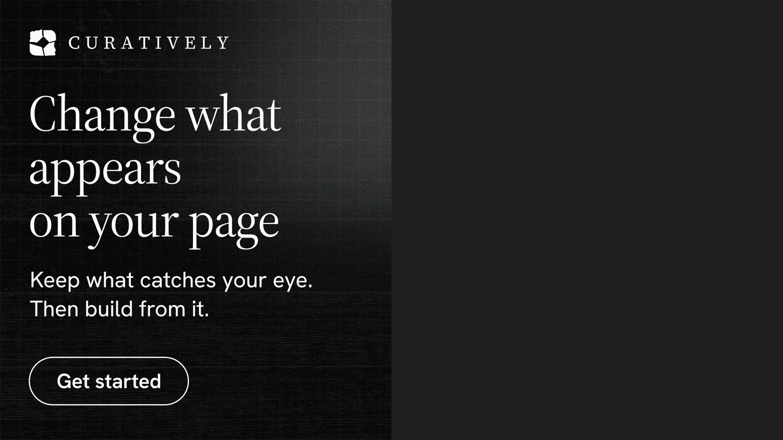 Landscape graphic for Curatively: "Change what appears on your page". Phosphor atlas style, bottom layout, dark palette in black.