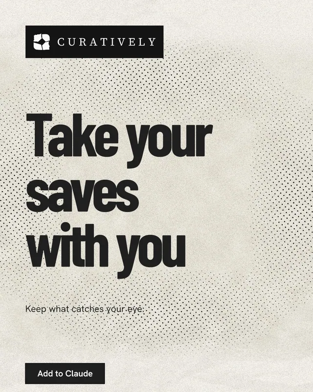 Instagram portrait post for Curatively: "Take your saves with you". Ink sticker style, announce layout, light palette in white, grey, yellow.